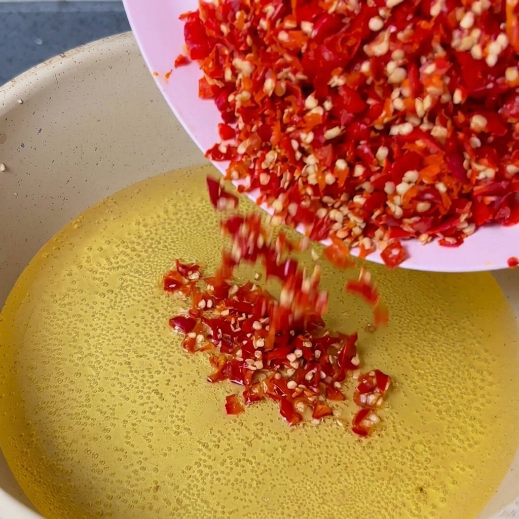 Chiles rojos picados vertiéndose desde un plato rosa a una sartén con aceite burbujeante.