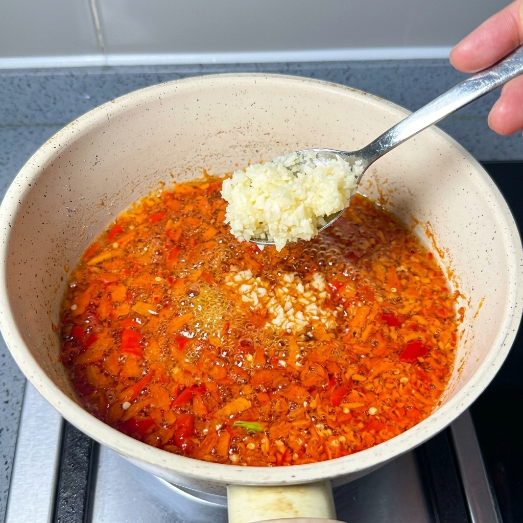 Una cuchara de metal añadiendo ajo picado a una sartén con aceite de chile rojo.