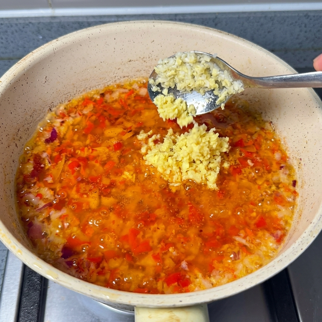 Una cucharada de jengibre picado siendo añadida a la mezcla de chile y cebolla.