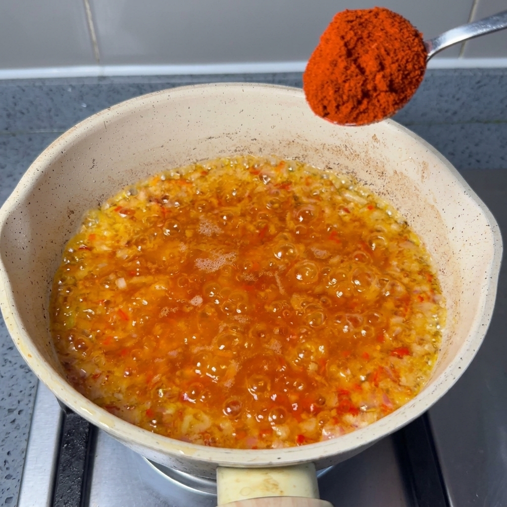Una cuchara con chile rojo en polvo sobre la mezcla burbujeante de la sartén.