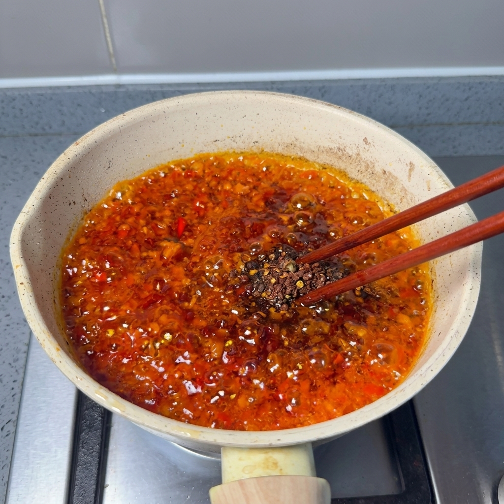 Palillos de madera removiendo una pasta de chile oscura y espesa en una sartén pequeña.