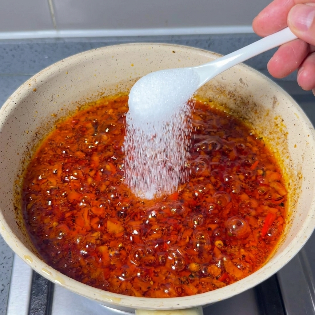 Una cuchara blanca espolvoreando azúcar blanca sobre la pasta de chile roja.