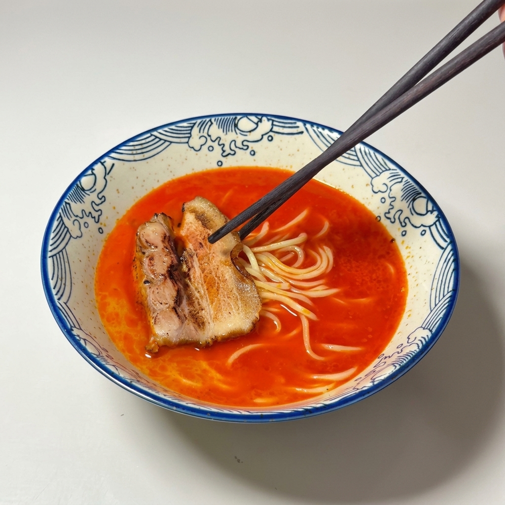 Una loncha de cerdo chashu colocándose sobre los fideos en el caldo picante.