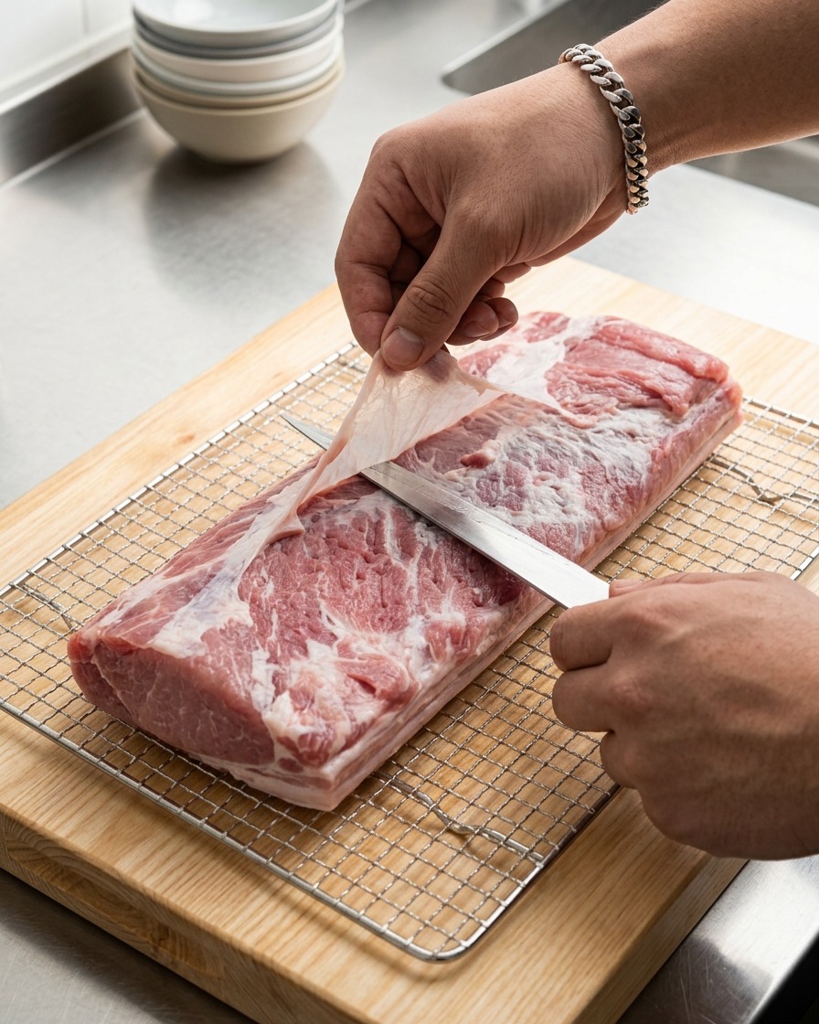 Manos usando un cuchillo afilado para recortar cuidadosamente una capa de la superficie de una panceta de cerdo cruda sobre una tabla de madera.