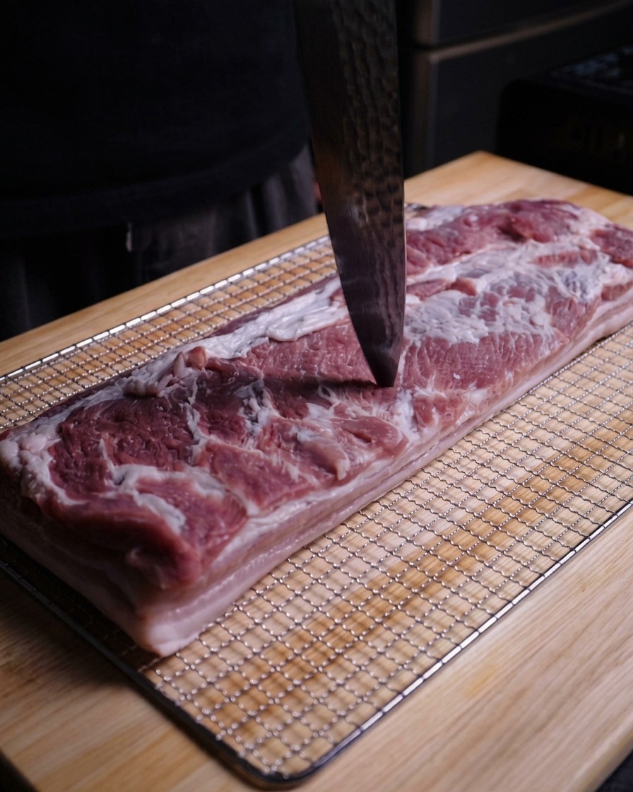 La punta de un cuchillo de chef perforando repetidamente la superficie de una panceta de cerdo cruda sobre una rejilla.