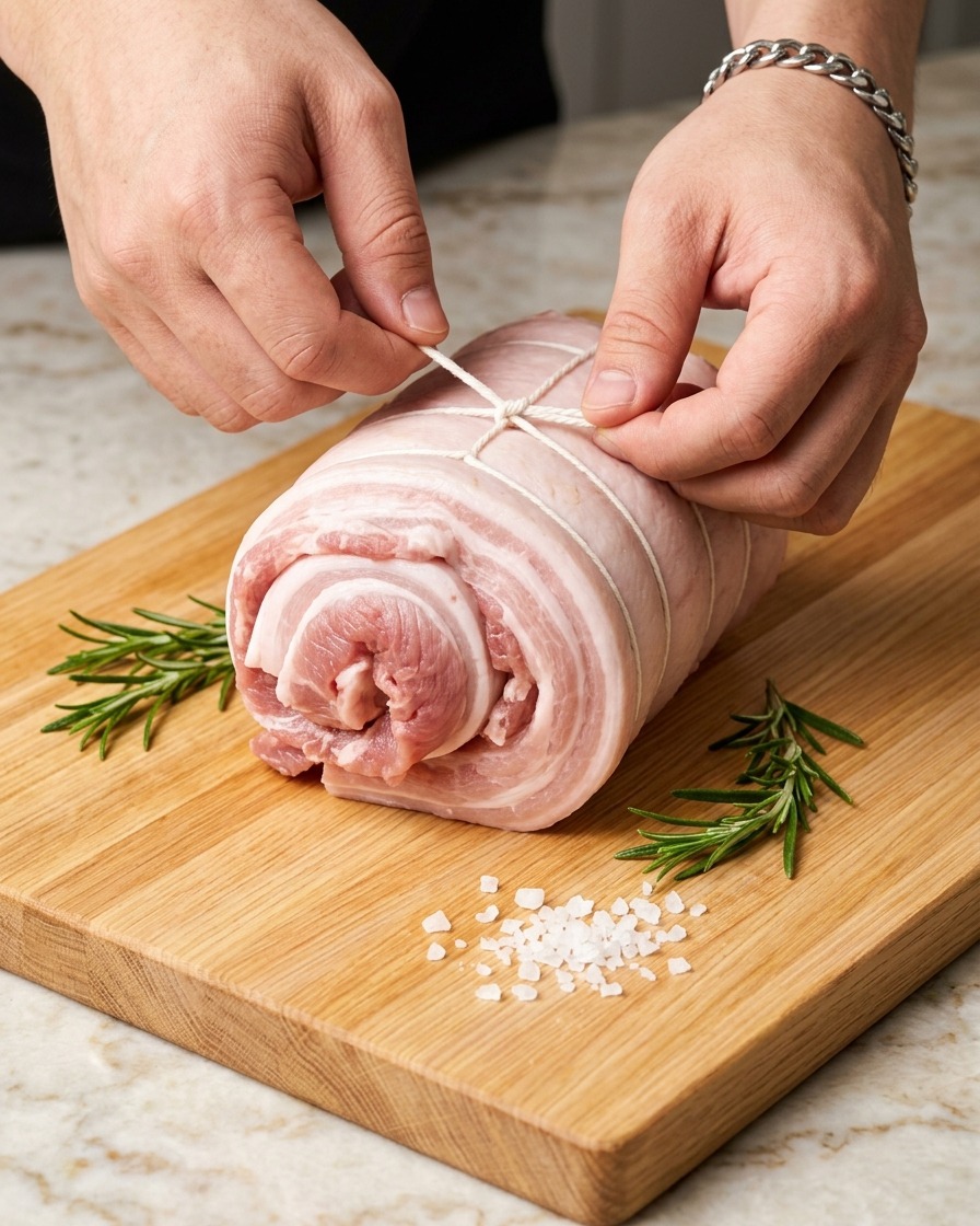 Manos atando nudos con hilo de algodón alrededor de un rollo de panceta cruda para asegurar su forma.