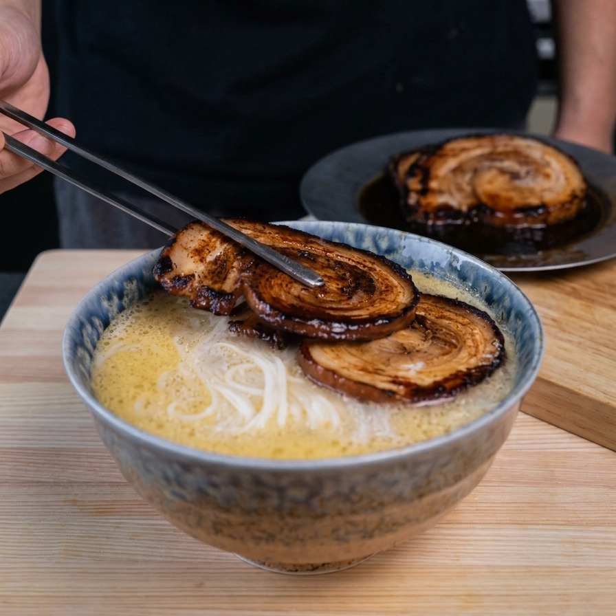 Pinzas colocando rodajas de chashu caramelizado sobre un bol de fideos ramen con caldo cremoso.