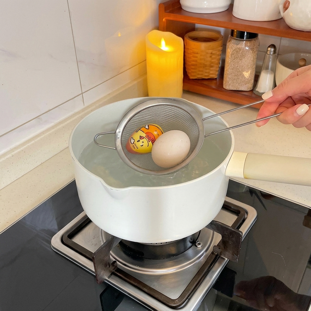 Una mano bajando suavemente los huevos en una olla con agua hirviendo usando un colador metálico.