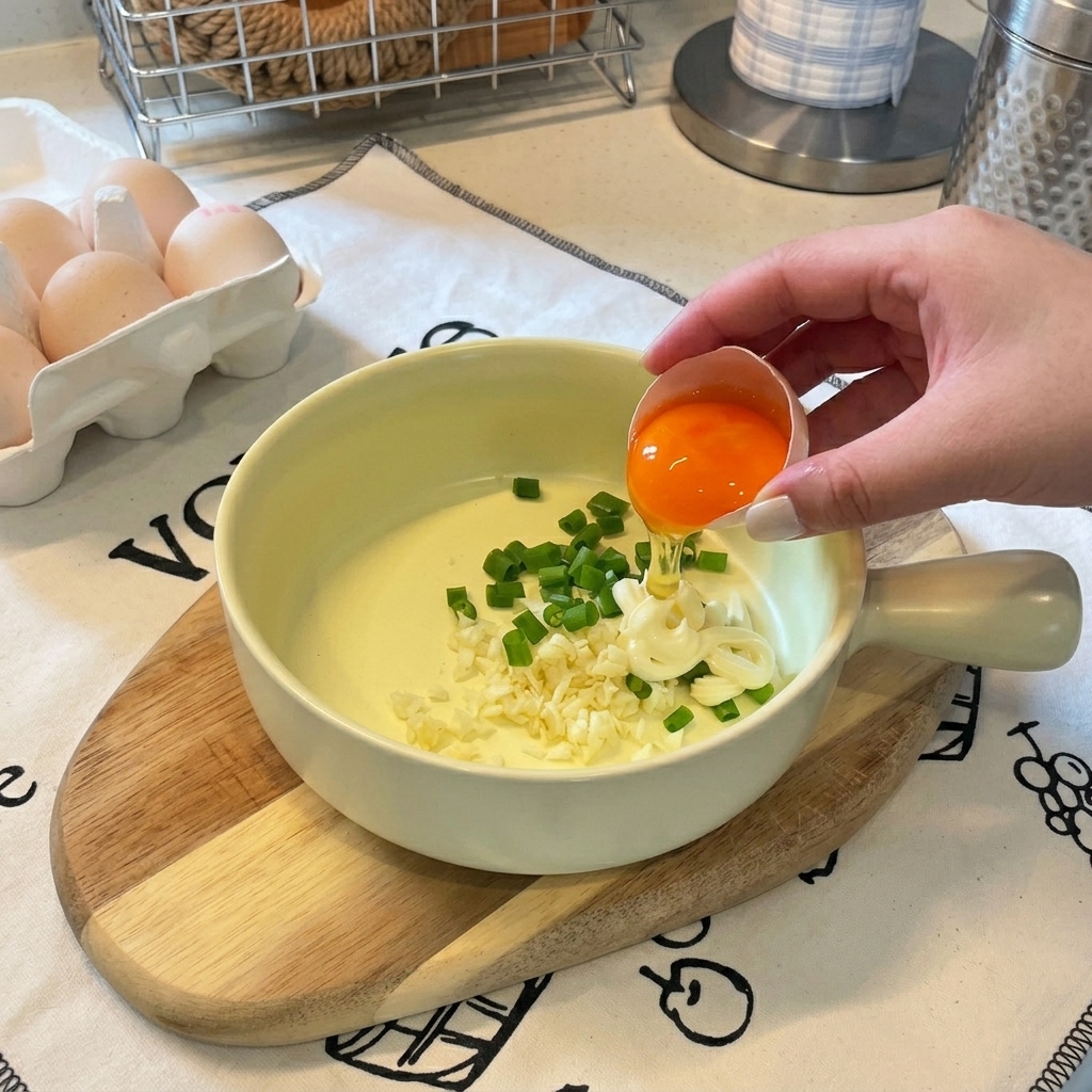 Una mano dejando caer una yema de huevo naranja vibrante en el tazón con los ingredientes aromáticos.