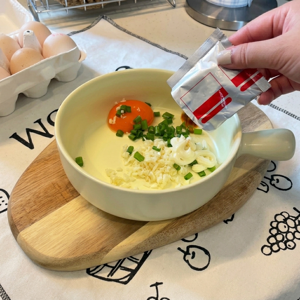 Vertiendo el sobre de condimento del ramen sobre la yema de huevo, la mayonesa y los aromáticos.
