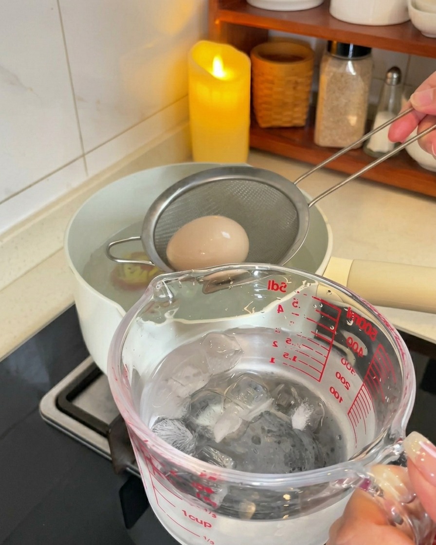 Un colador levantando un huevo hervido para pasarlo a un recipiente con agua y cubos de hielo.