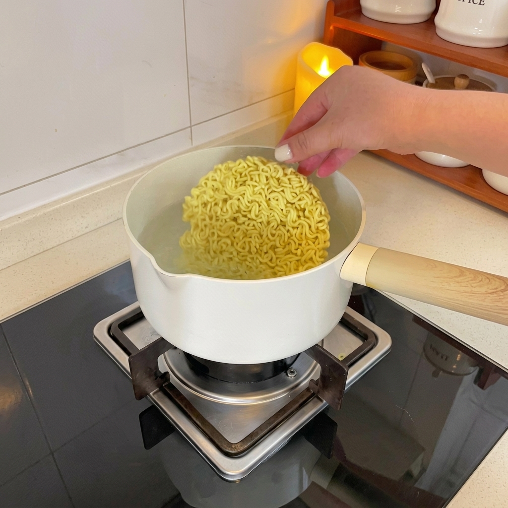 Colocando el bloque de fideos de ramen secos en una olla con agua hirviendo.