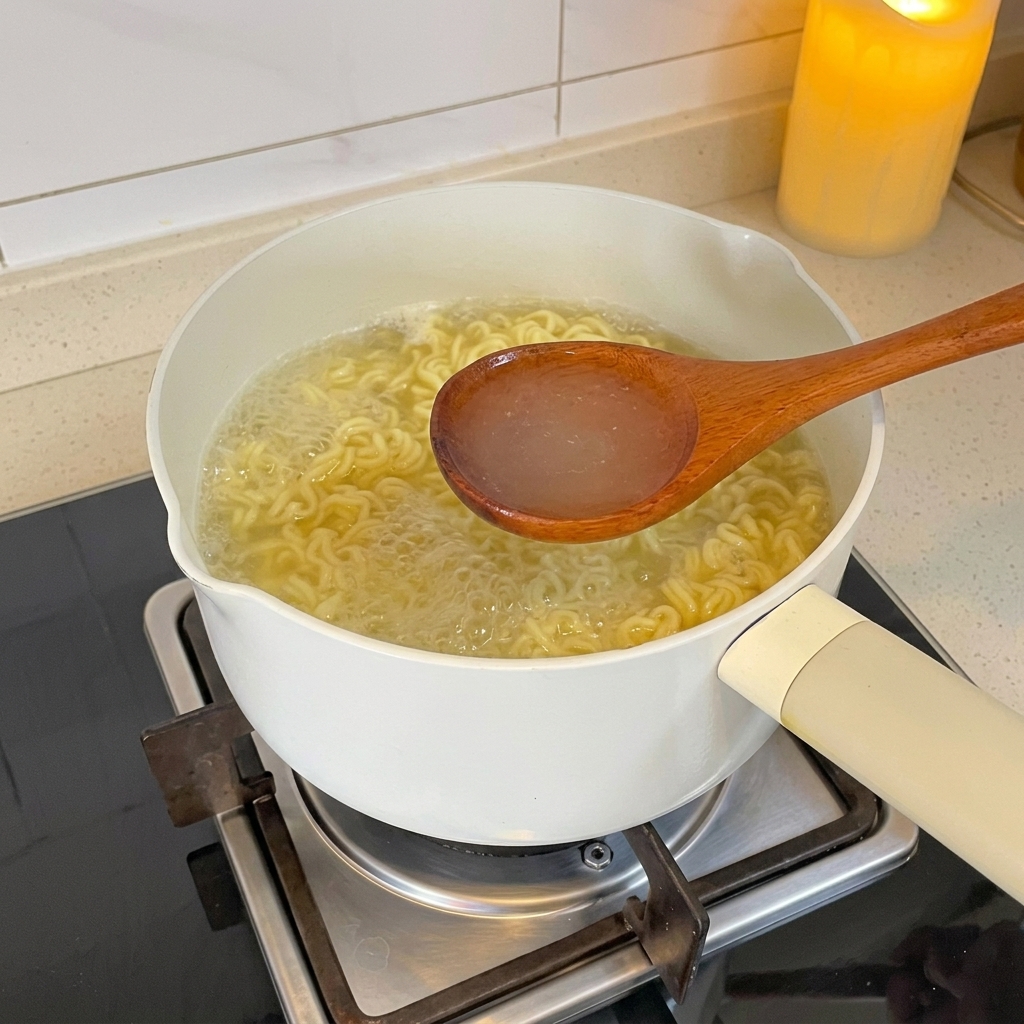 Recogiendo agua turbia de la cocción de los fideos con una cuchara de madera.