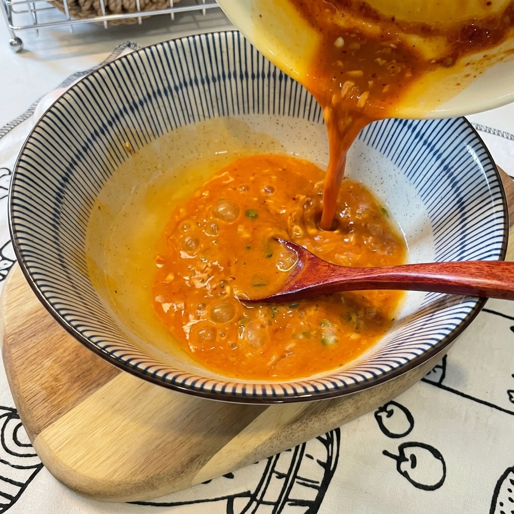 Vertiendo el agua caliente en el tazón y removiendo para formar un caldo naranja y cremoso.