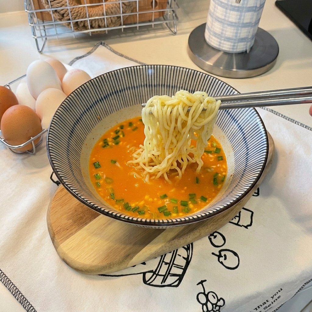 Unos palillos levantando los fideos cocidos y pasándolos al tazón de caldo cremoso.