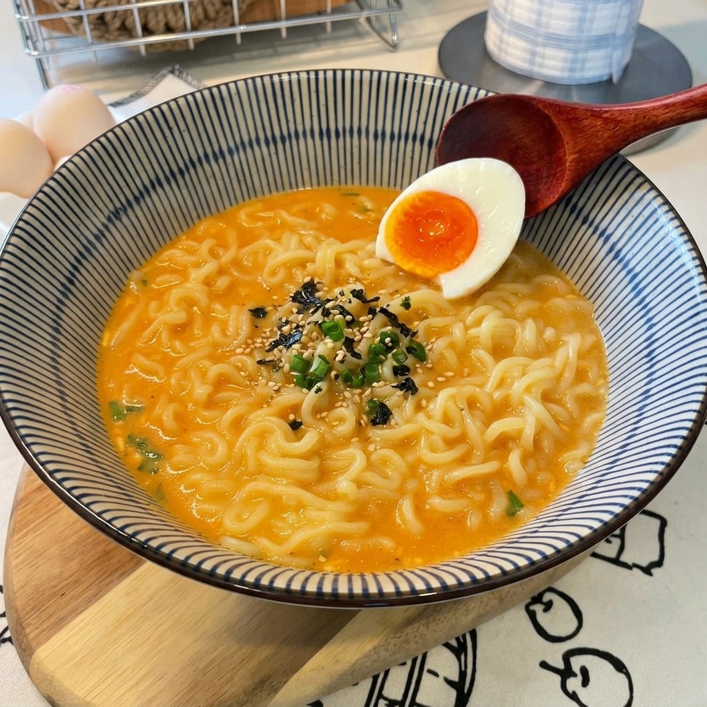 Tazón de ramen decorado con medio huevo pasado por agua con una yema brillante.