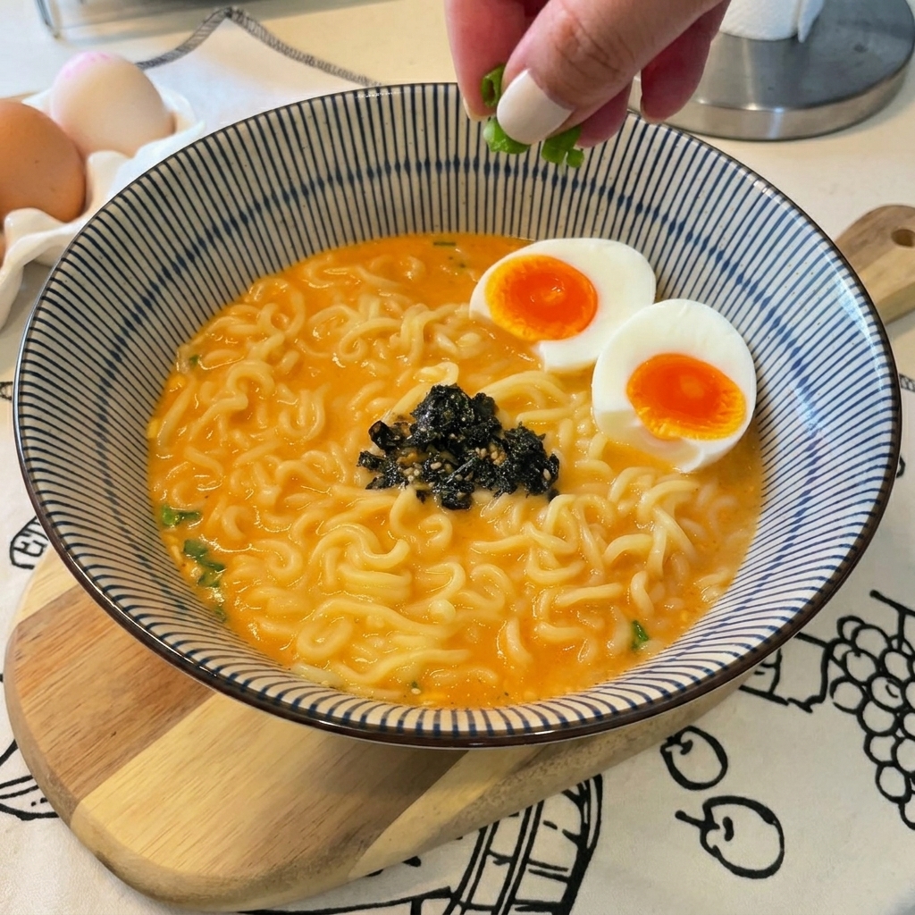 Espolvoreando cebollino fresco sobre el ramen ya decorado con huevo y algas.