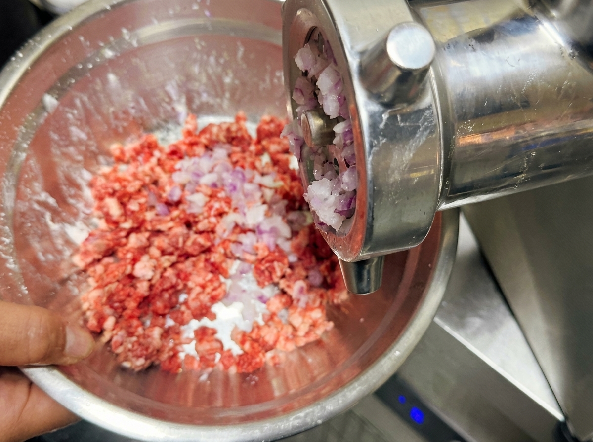 Cebollas rojas recién picadas saliendo de un molinillo de metal hacia un bol con carne cruda.