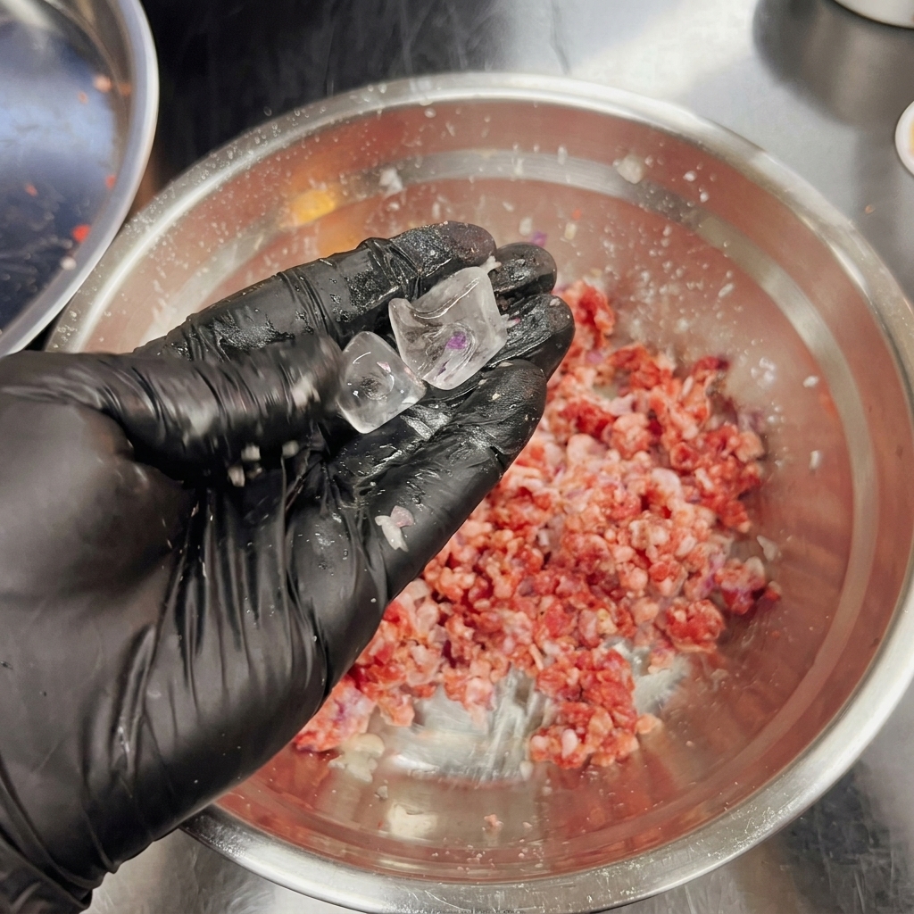 Dos cubitos de hielo transparentes sostenidos por una mano con guante negro sobre un bol de carne preparada.
