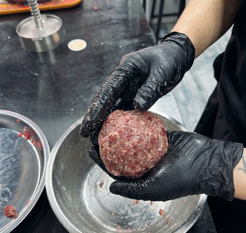 Una bola de mezcla de carne de ternera siendo lanzada entre dos manos con guantes de nitrilo negros.