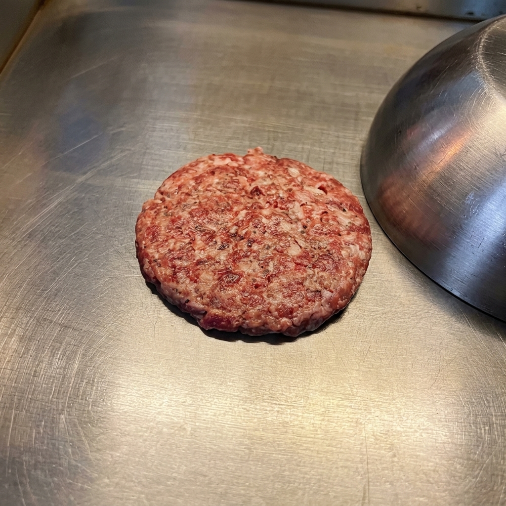 Una hamburguesa de ternera sellándose en una plancha caliente con una tapa de domo metálica al lado.