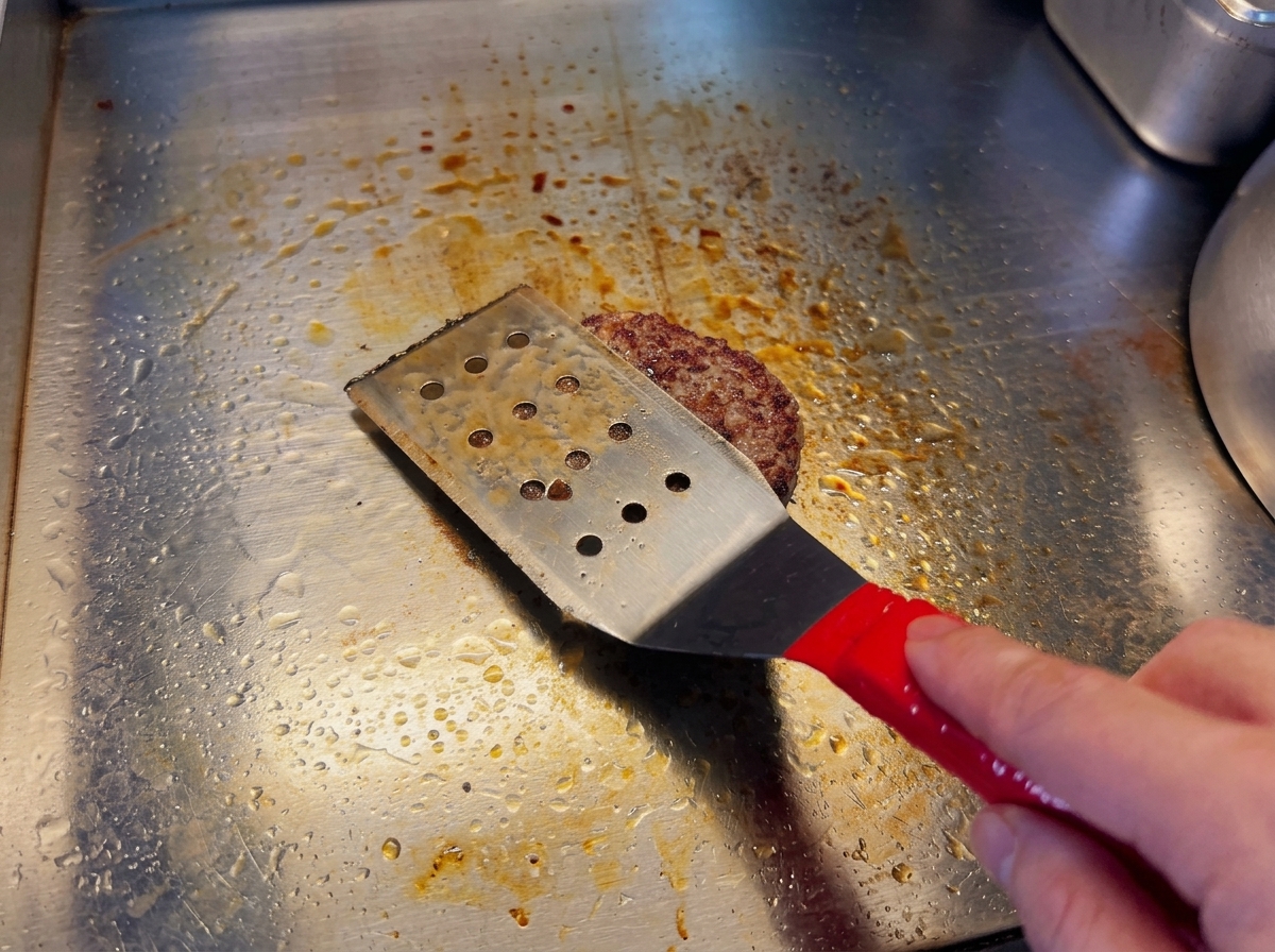 Una mano sosteniendo una espátula, presionando ligeramente una hamburguesa que chisporrotea en la plancha.