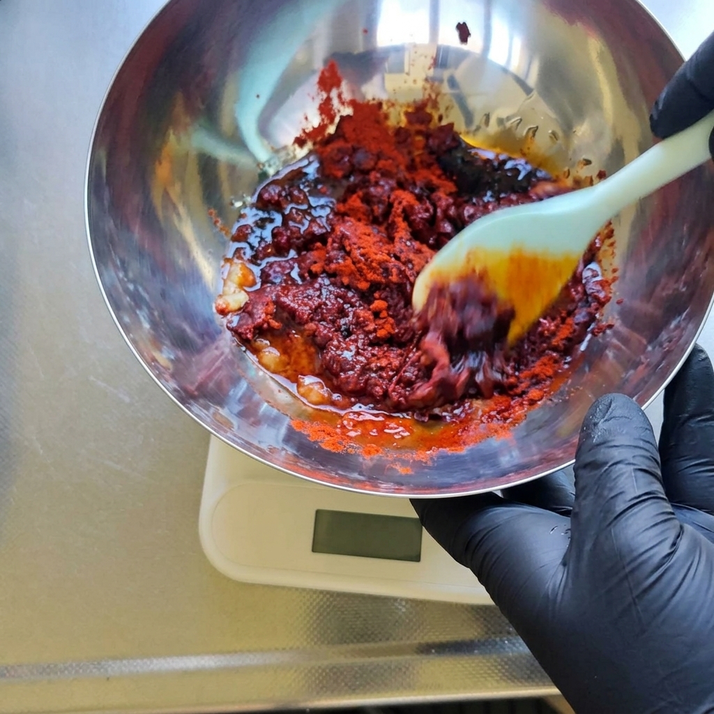 Removiendo una mezcla espesa de color rojo oscuro de chile y condimentos en un bol metálico con una espátula.