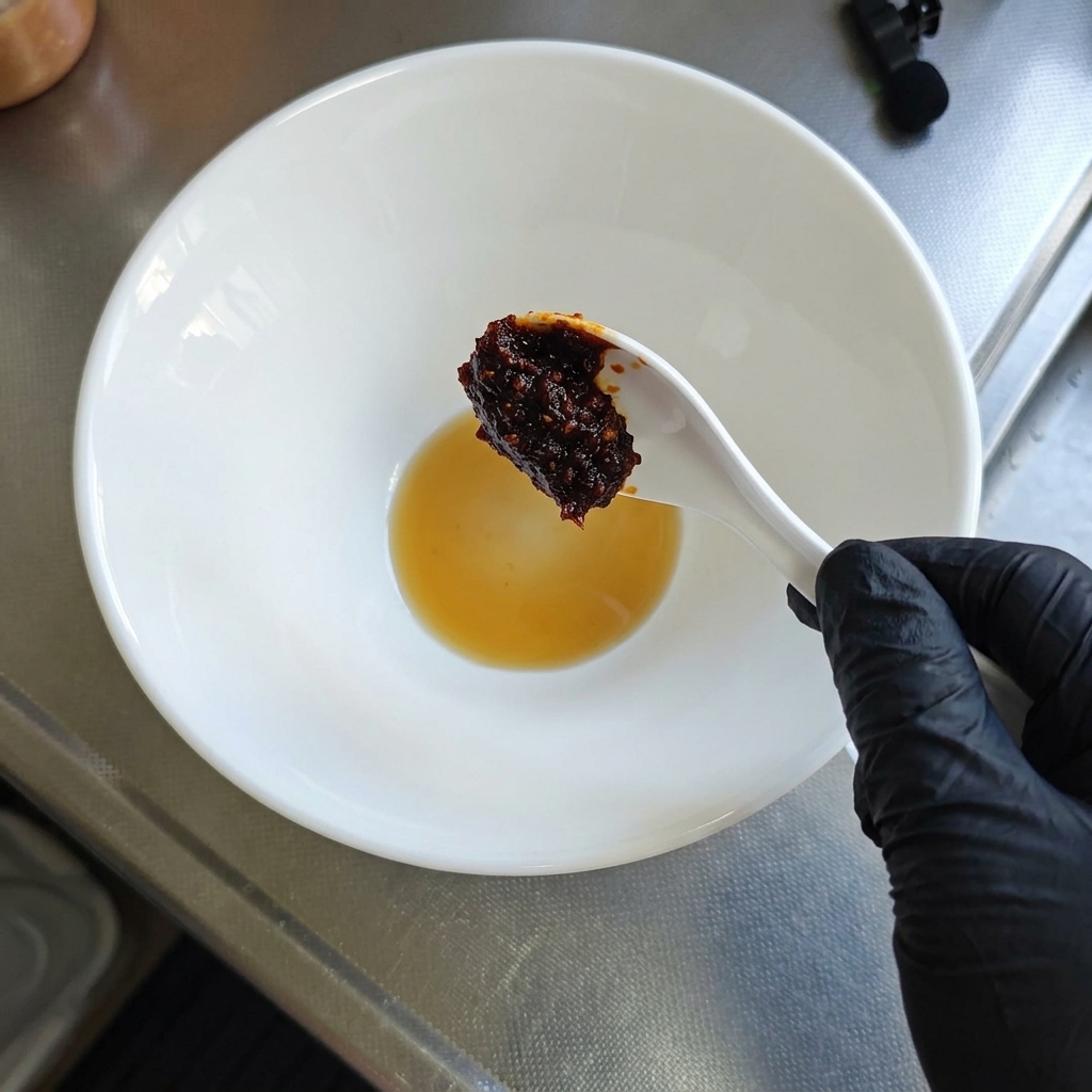 Mano con guante sosteniendo una cuchara con pasta de chile roja espesa sobre un bol que contiene tare líquido.