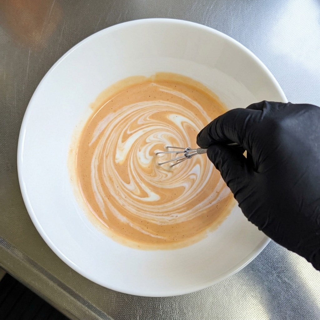 Mano con guante usando un mini batidor para mezclar un caldo naranja vibrante en un bol grande de ramen.
