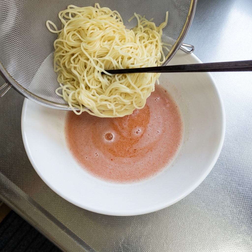 Fideos de ramen finos cocinados vertiéndose desde un colador de malla a un bol con caldo rojo-rosado.