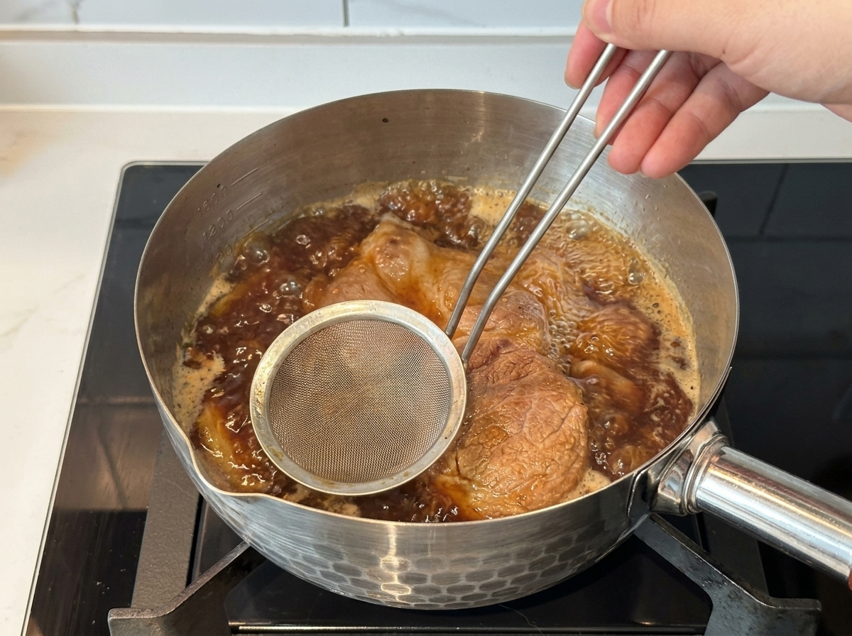 Un trozo de cerdo cocinándose en una salsa marrón burbujeante mientras se usa un espumador para retirar las impurezas.