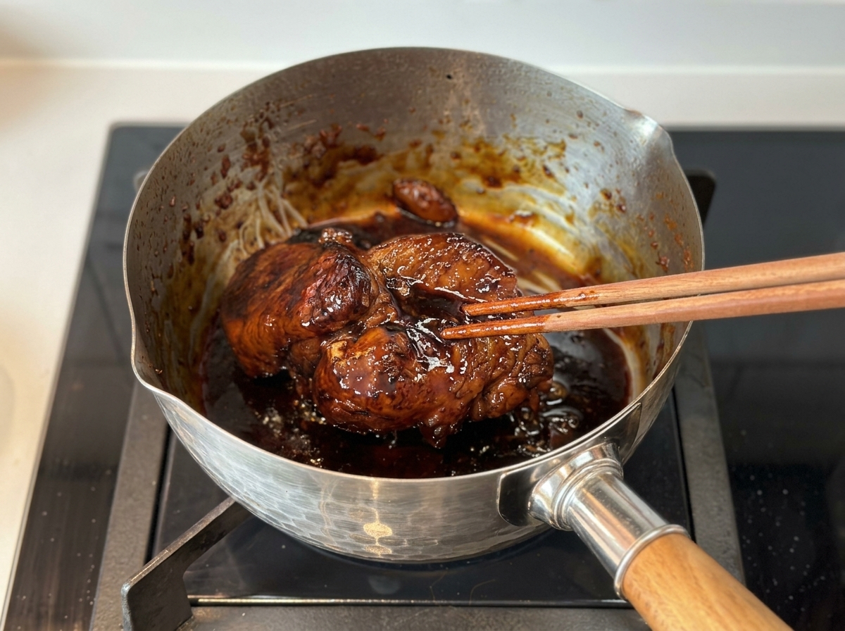 Un trozo de cerdo char siu perfectamente caramelizado siendo levantado de una salsa espesa con palillos de madera.