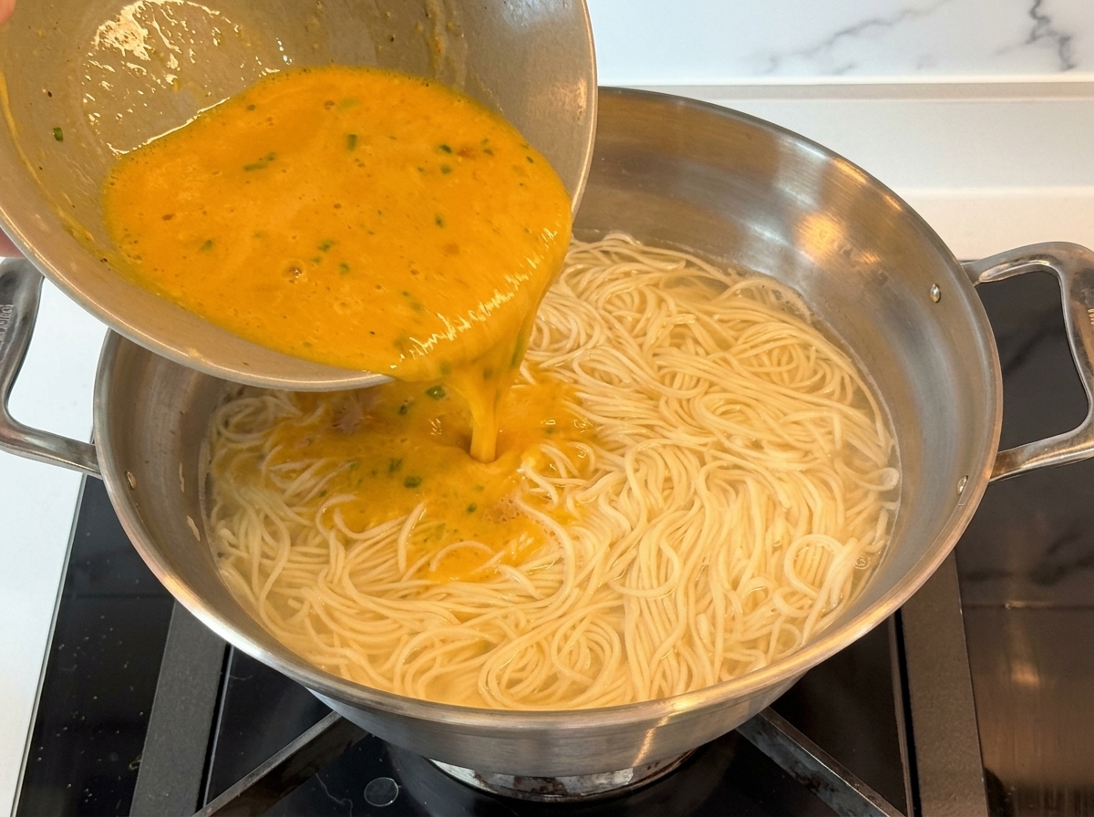 Una salsa cremosa de color amarillo dorado vertiéndose en una olla con fideos ramen y agua caliente.