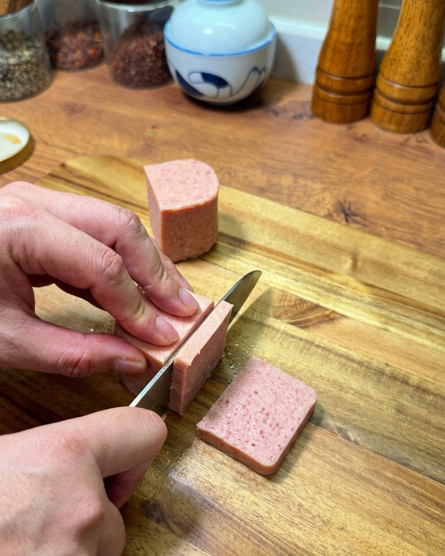 Manos usando un cuchillo de chef para cortar un bloque rosado de carne de almuerzo en rectángulos gruesos sobre una tabla de madera.