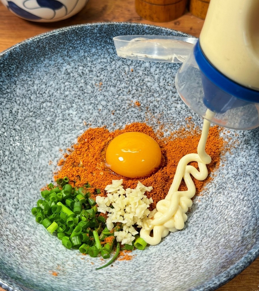 Mayonesa blanca saliendo de un bote sobre una yema de huevo cruda, condimentos y cebolletas en un bol moteado.