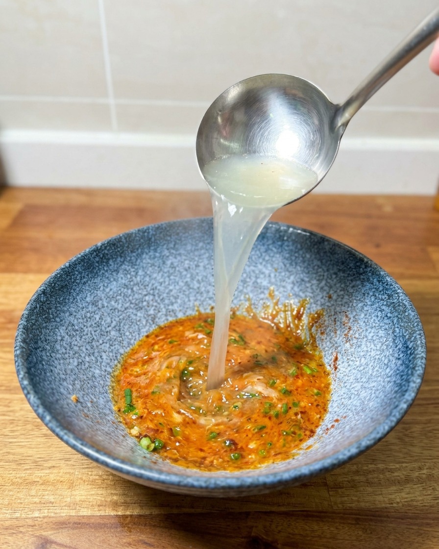 Líquido caliente y turbio cayendo desde un cazo de plata en un bol moteado que contiene una rica pasta de condimentos naranja.