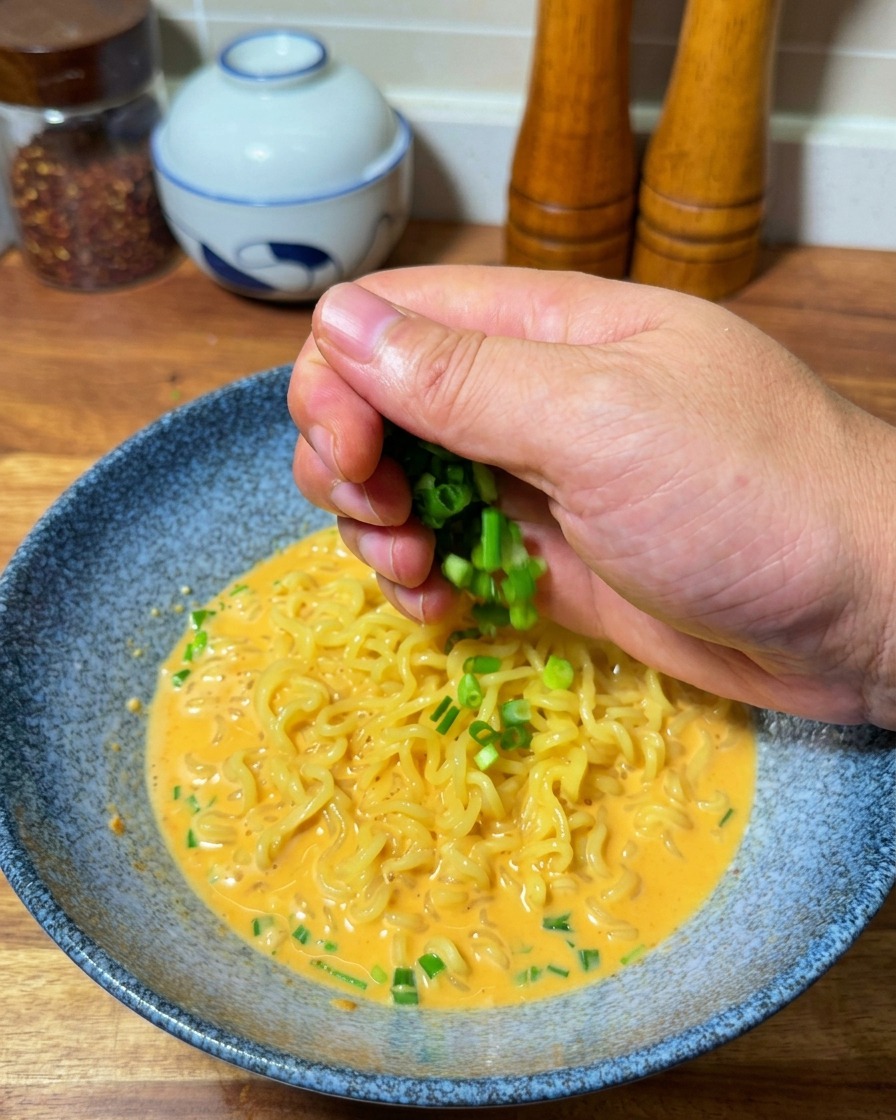 Una mano espolvoreando cebolletas verdes recién picadas sobre un bol humeante de fideos ramen cremosos.