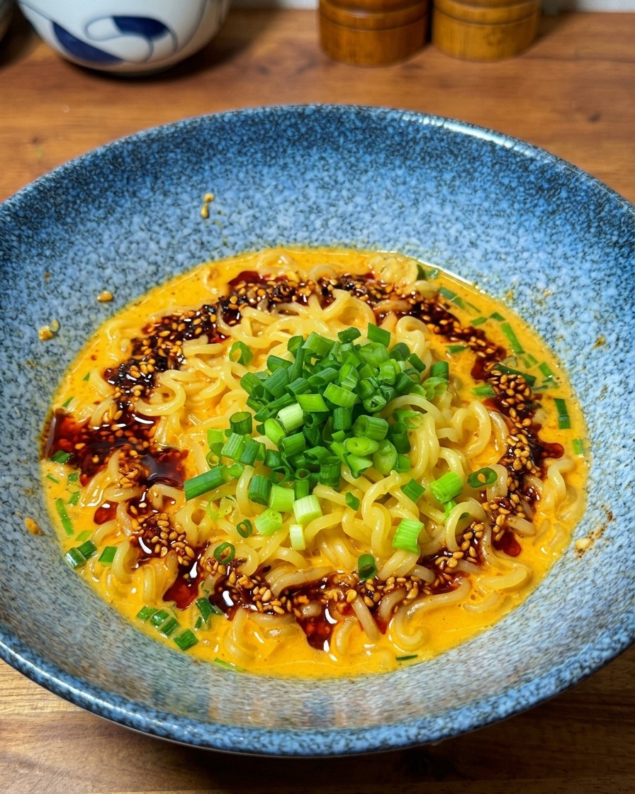 Un bol de fideos ramen cremosos coronado con cebolletas picadas y un chorrito de aceite de chile rojo vibrante.