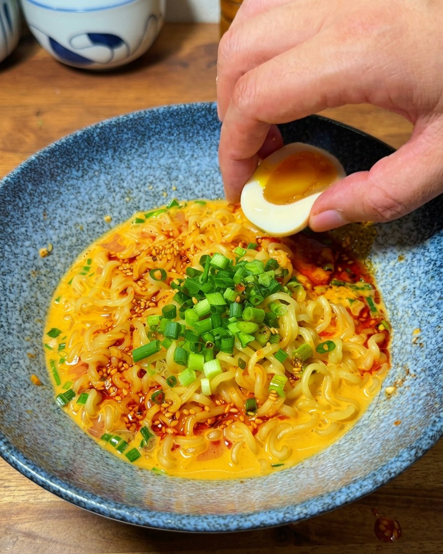 Una mano colocando medio huevo pasado por agua con yema líquida en un bol de fideos ramen picantes.