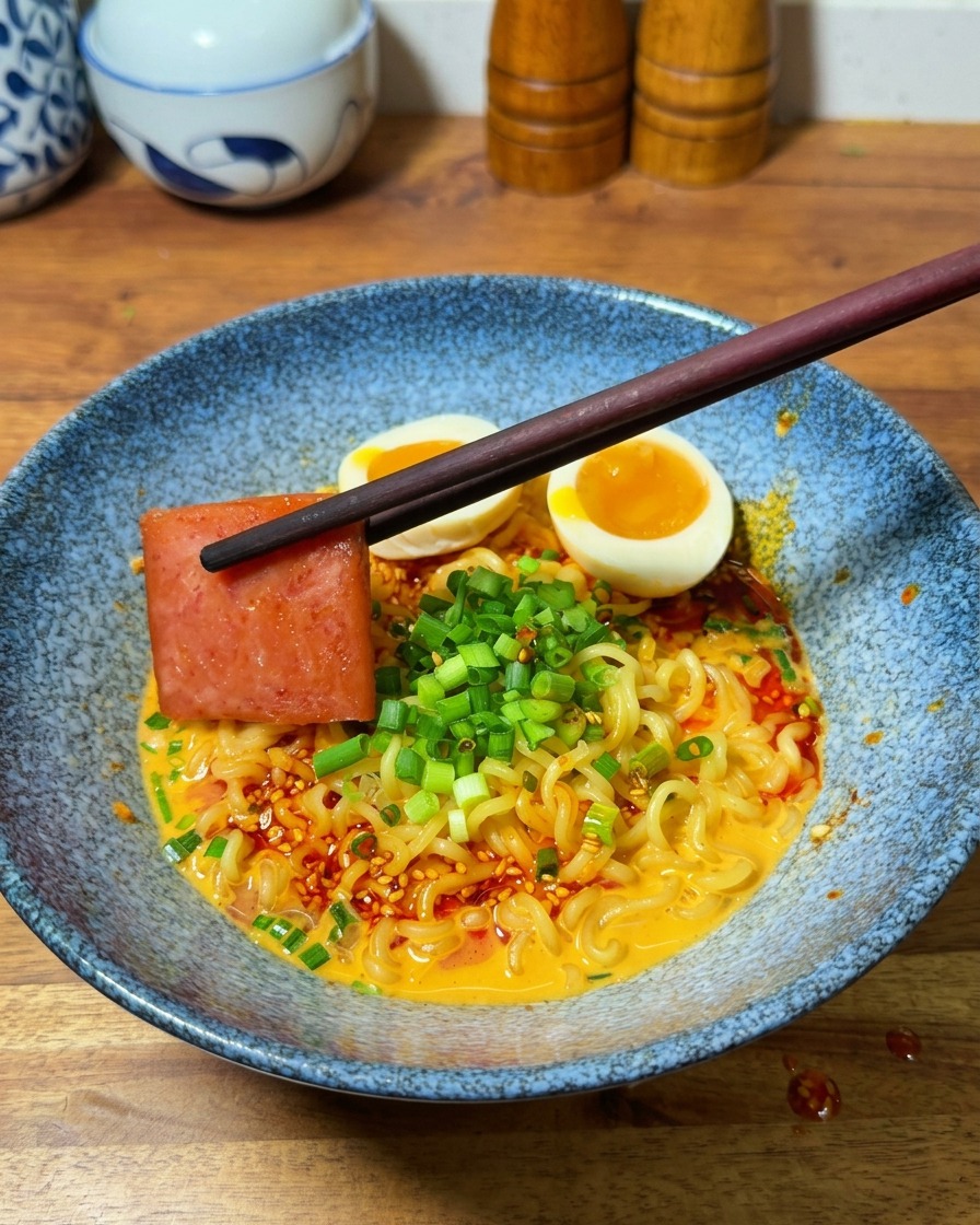 Palillos sosteniendo una loncha de carne de almuerzo dorada sobre un bol de ramen terminado con huevo y cebolletas.