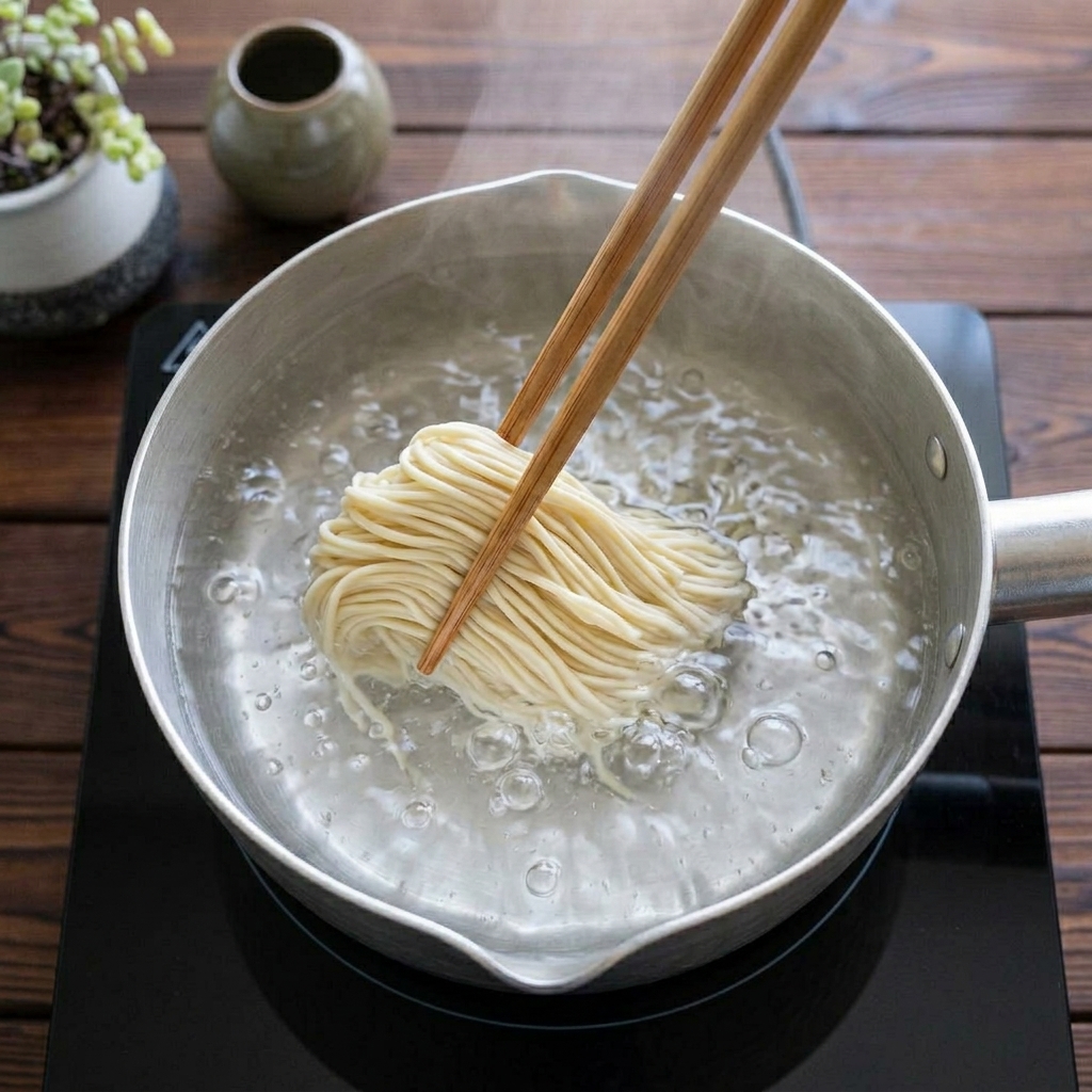 Palillos sumergiendo fideos ramen frescos en agua hirviendo con fuerza.