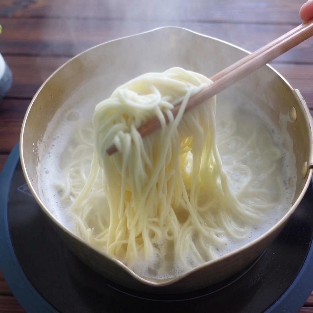 Levantando fideos ramen cocidos del agua con palillos de madera.