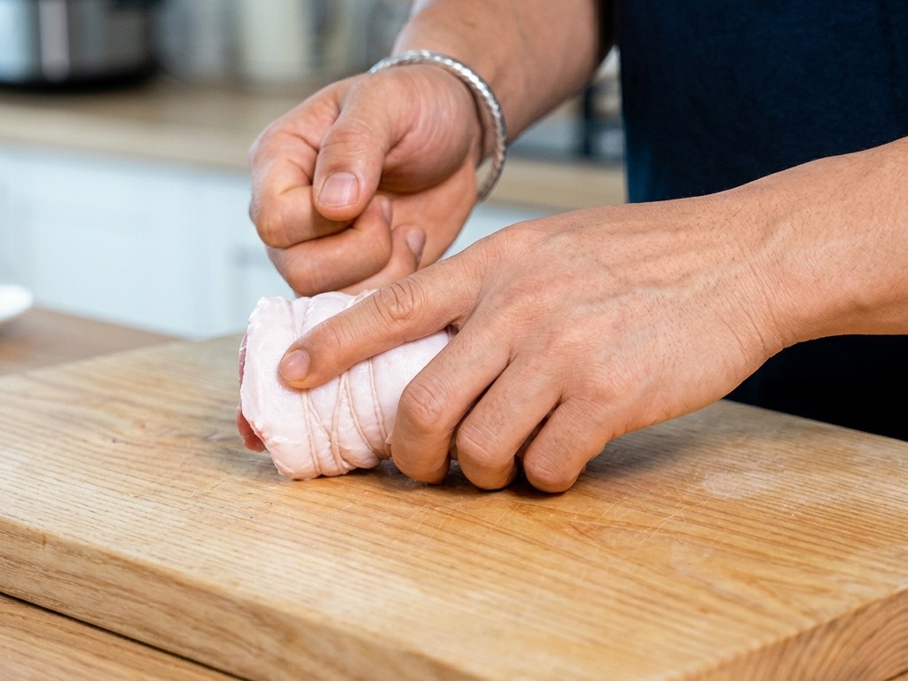 Manos atando firmemente una pieza de panceta enrollada con hilo de cocina sobre una tabla de madera.