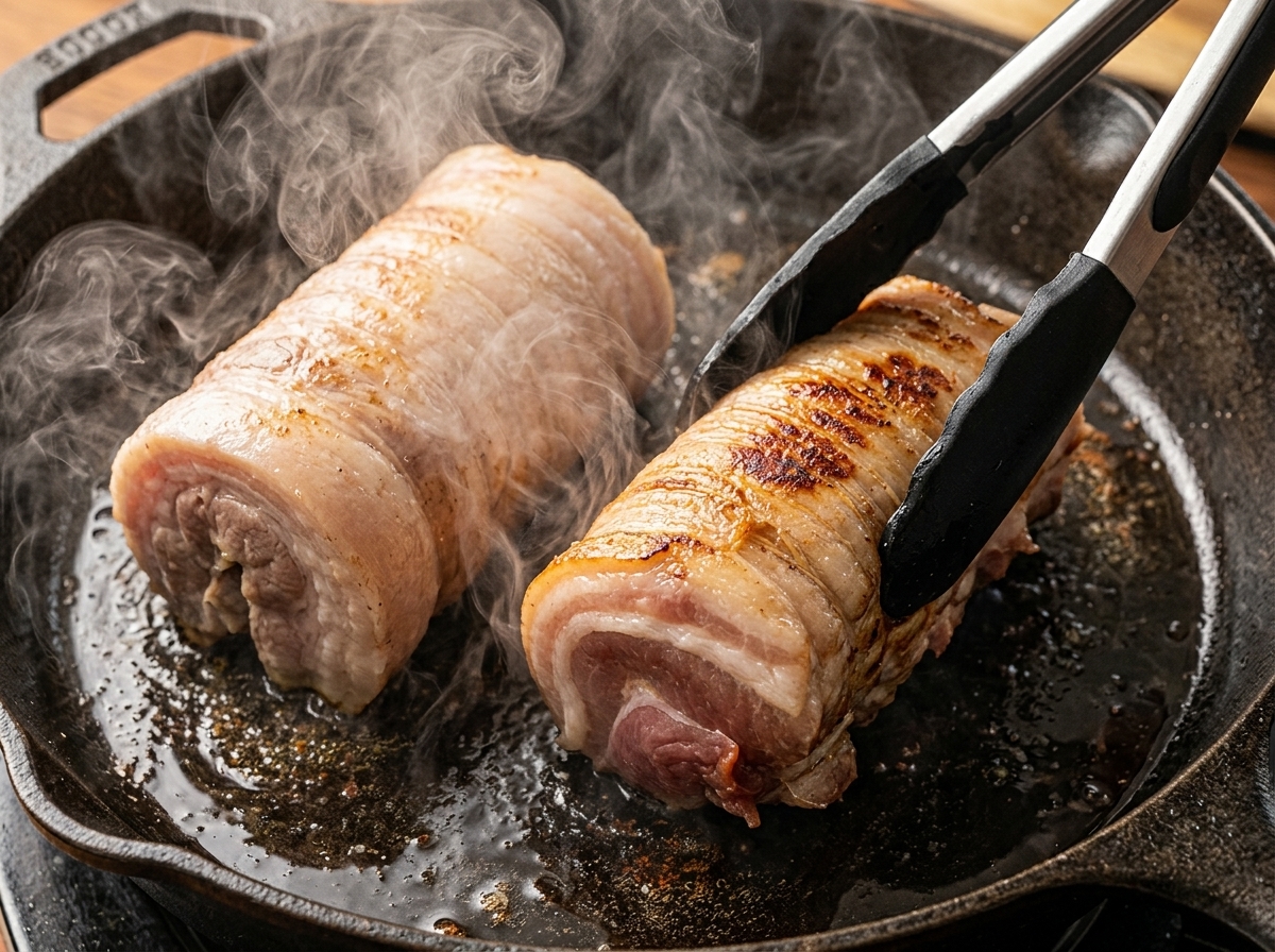 Dos rollos de panceta sellándose en una sartén de hierro fundido caliente con vapor subiendo.