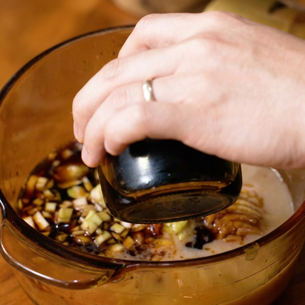 Mano vertiendo salsa de soja oscura sobre la panceta y aromáticos picados en una olla.