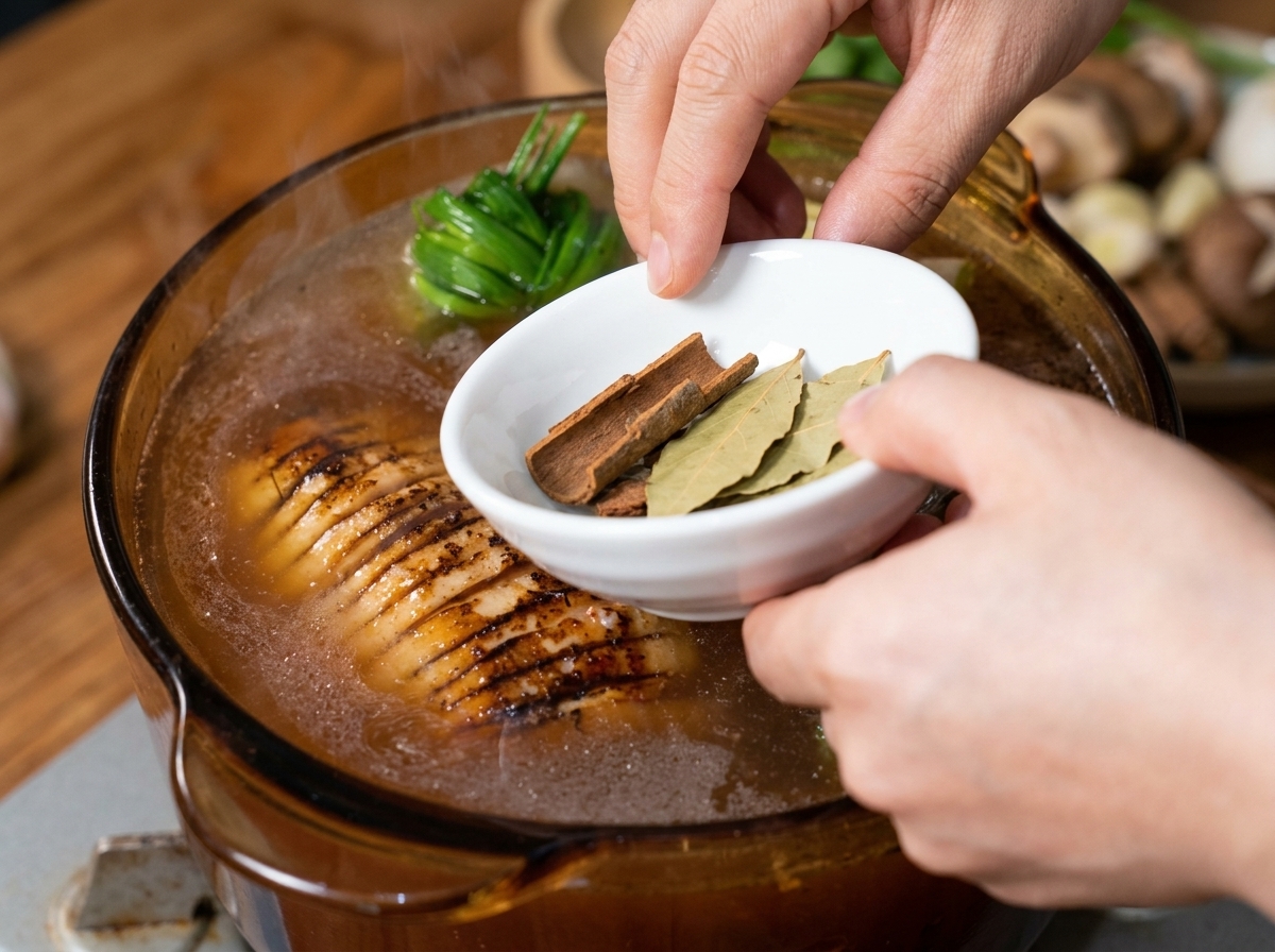 Manos añadiendo canela y laurel a una olla con panceta y cebolletas verdes.