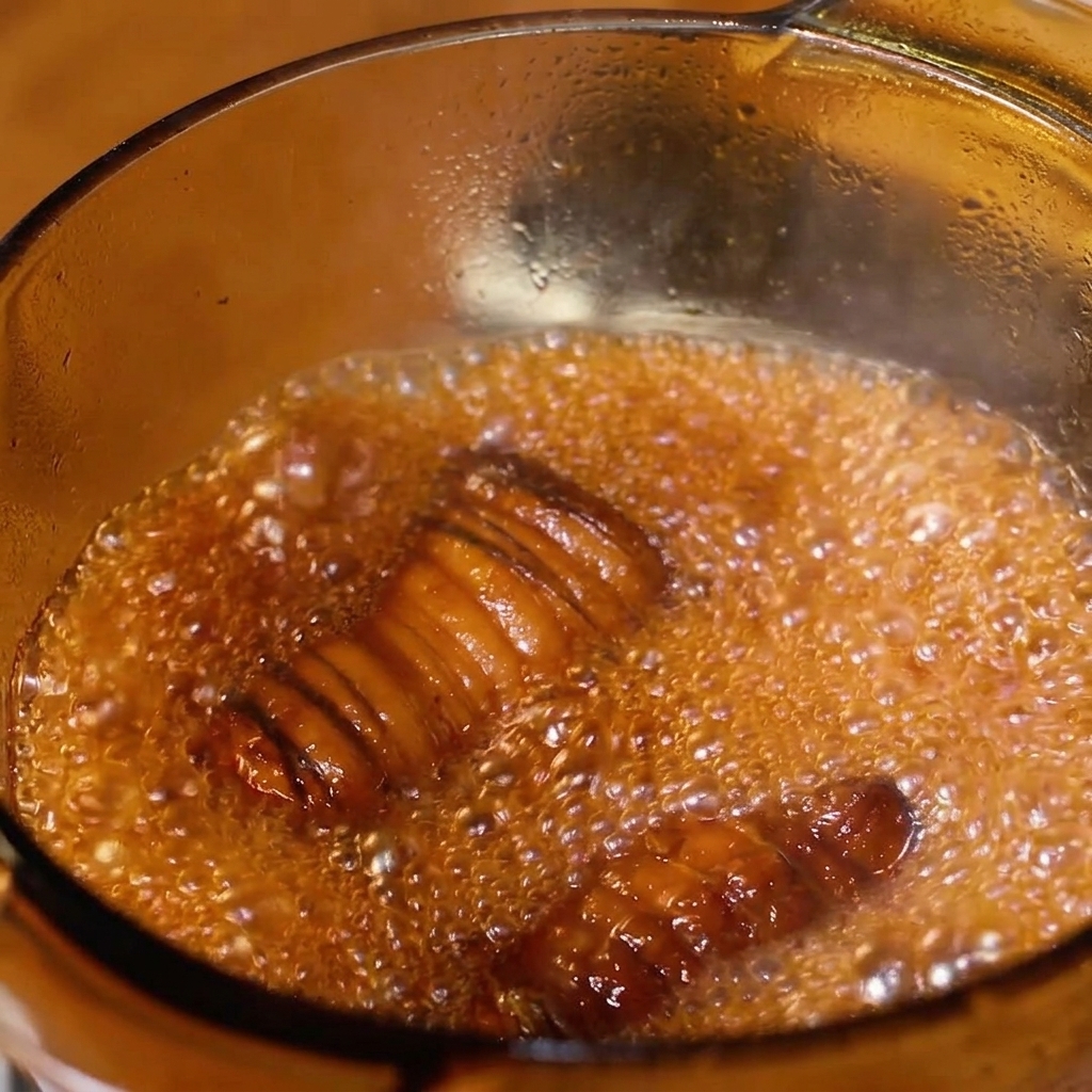 Rollo de panceta hirviendo en una salsa oscura y brillante dentro de una olla de cristal.