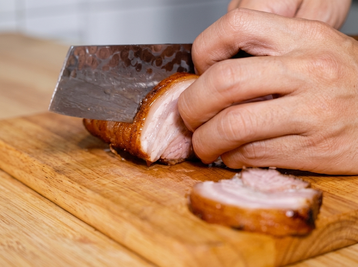 Manos usando un cuchillo de carnicero para cortar el chashu braseado en rodajas gruesas sobre una tabla.