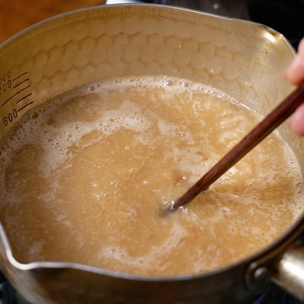 Palillos de madera removiendo un caldo de miso burbujeante en un cazo dorado.