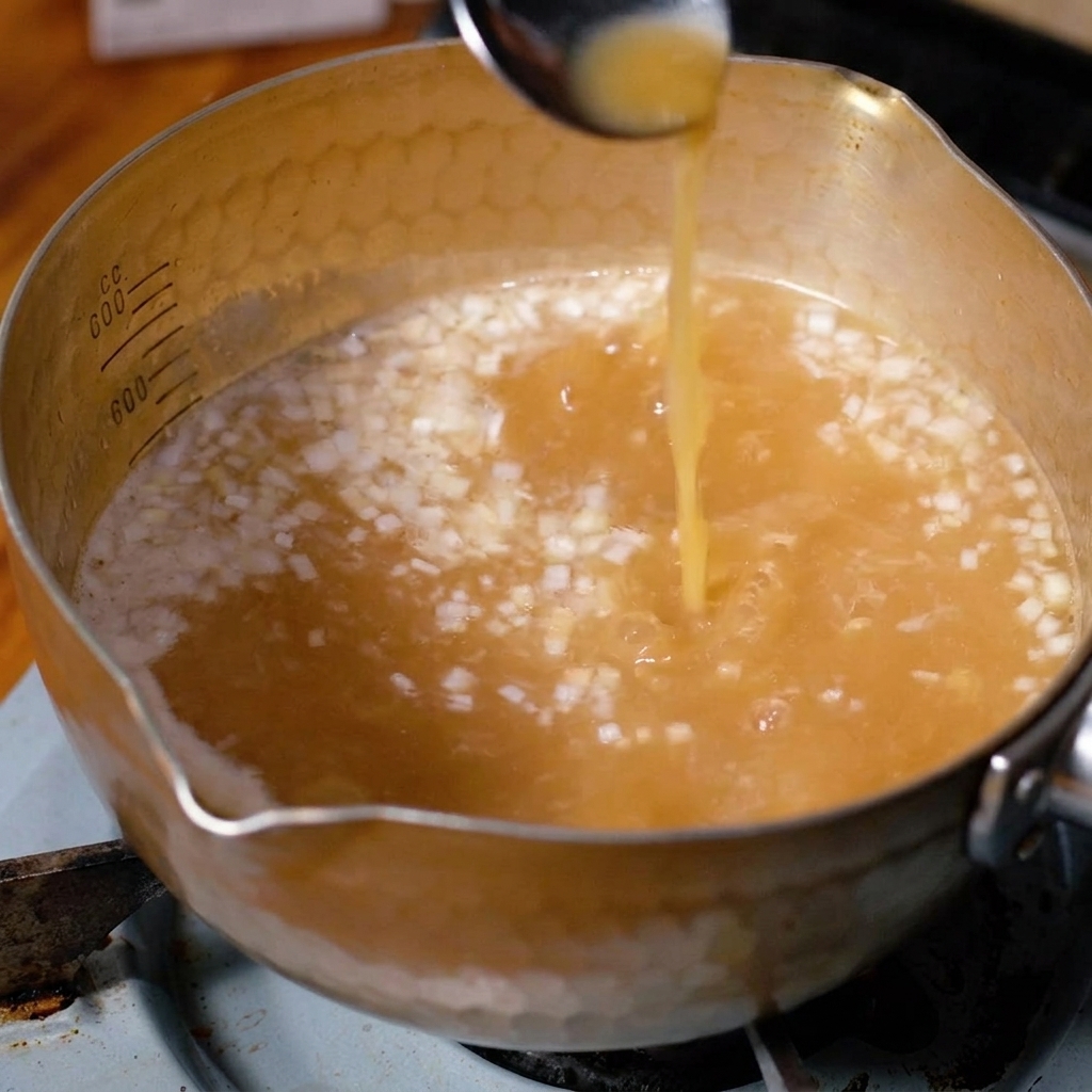 Cuchara vertiendo un líquido con cebolletas picadas en una olla de caldo de miso caliente.